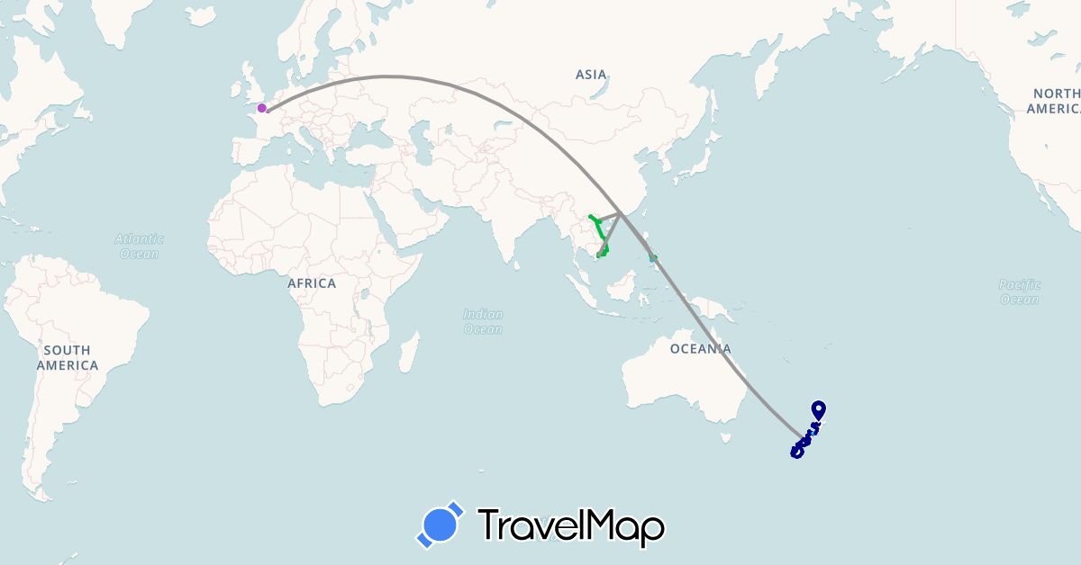 TravelMap itinerary: driving, bus, plane, cycling, train, hiking, boat, hitchhiking, motorbike in China, France, New Zealand, Philippines, Vietnam (Asia, Europe, Oceania)