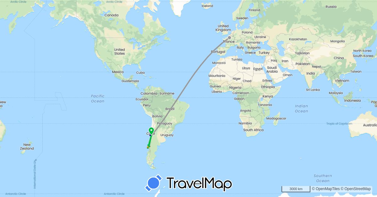 TravelMap itinerary: driving, bus, plane, cycling, hiking, hitchhiking in Chile, France (Europe, South America)